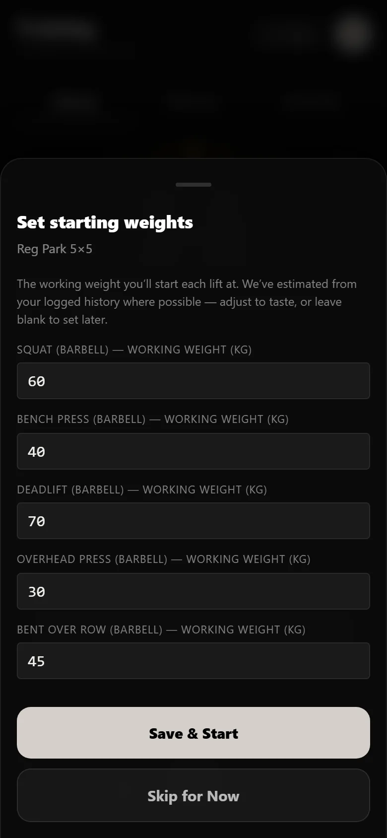 Setting starting working weights when beginning Reg Park 5x5 in Durata