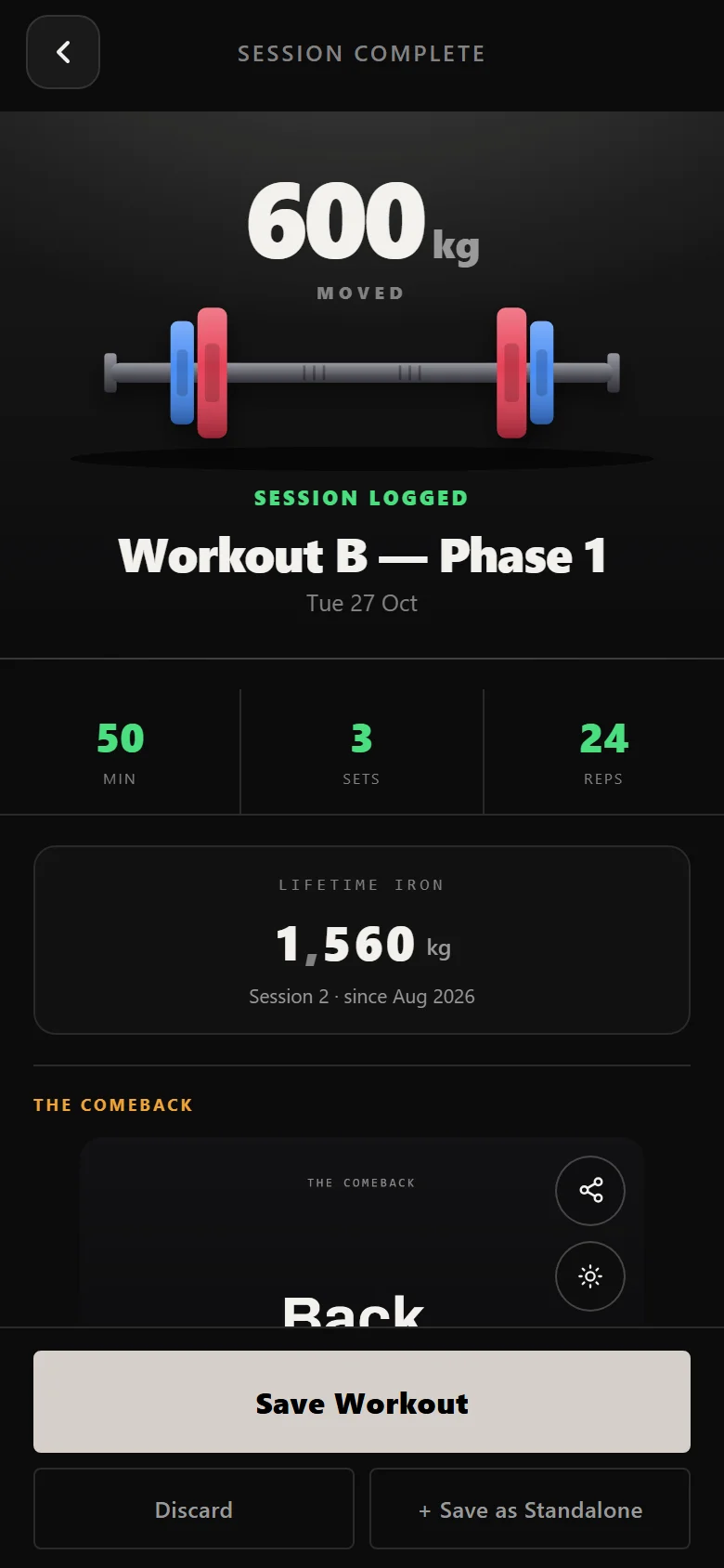 Durata session summary before saving, showing sets, reps and session volume