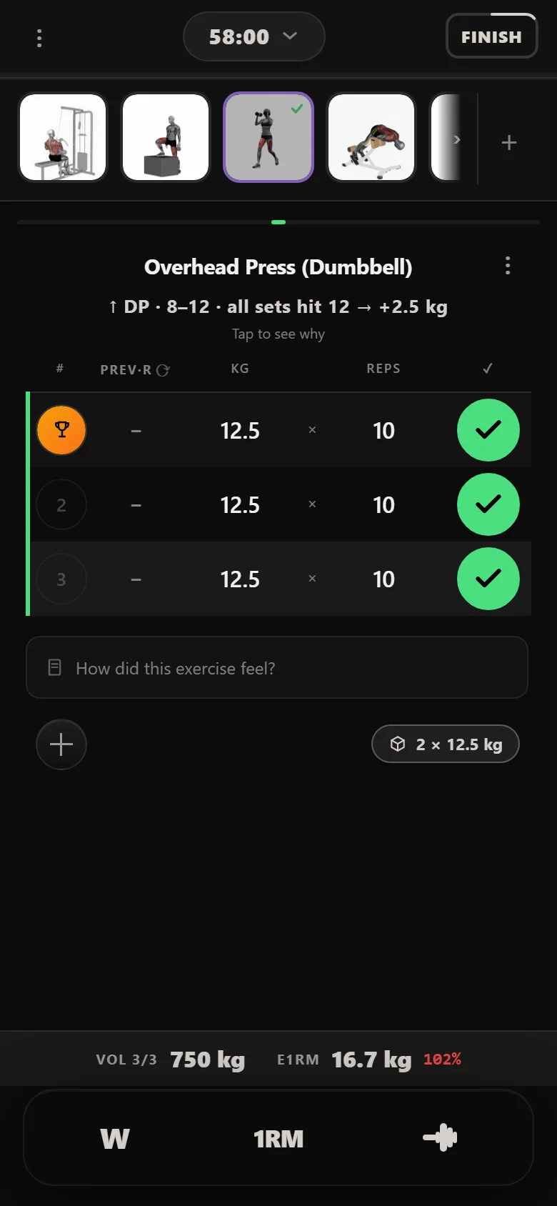 Durata logger: the overhead press still at 12.5 kg, now for 10 reps