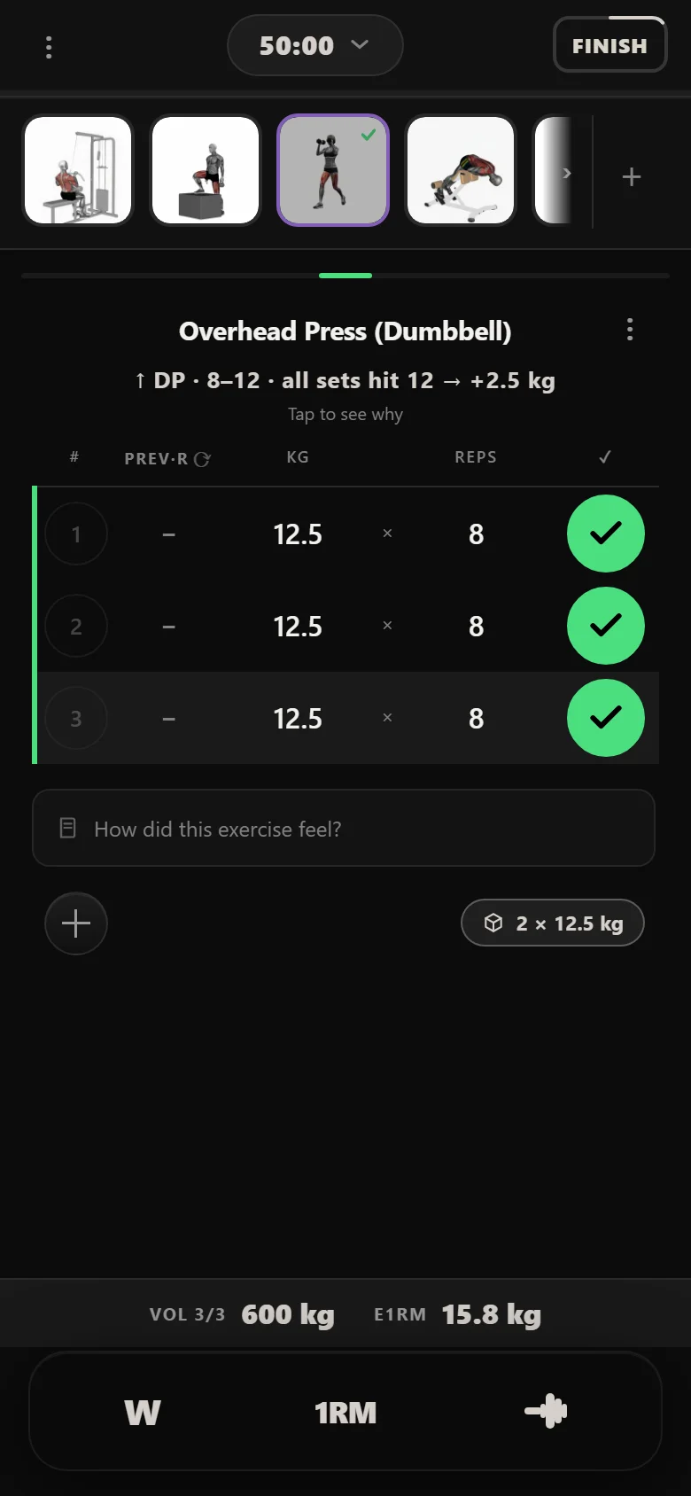 Durata logger: the overhead press's first session at 12.5 kg for 8 reps