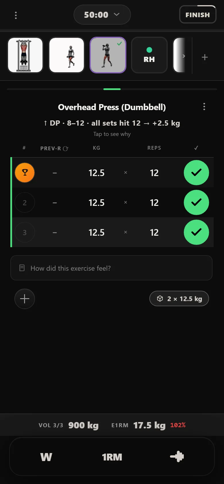 Durata logger: all three overhead press sets at 12.5 kg for 12 reps