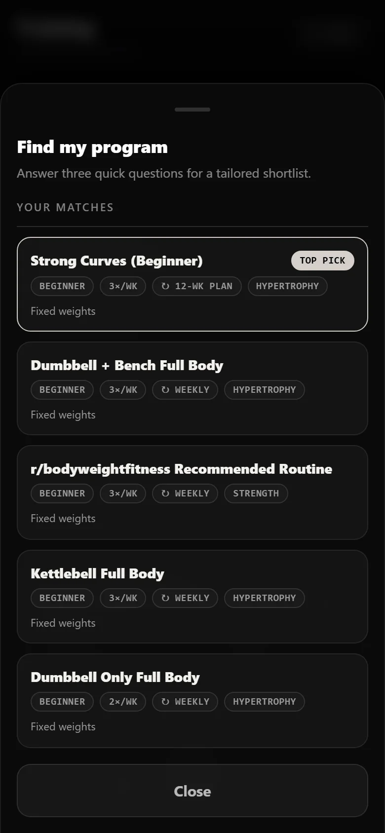 Durata finder results with Strong Curves (Beginner) as a match