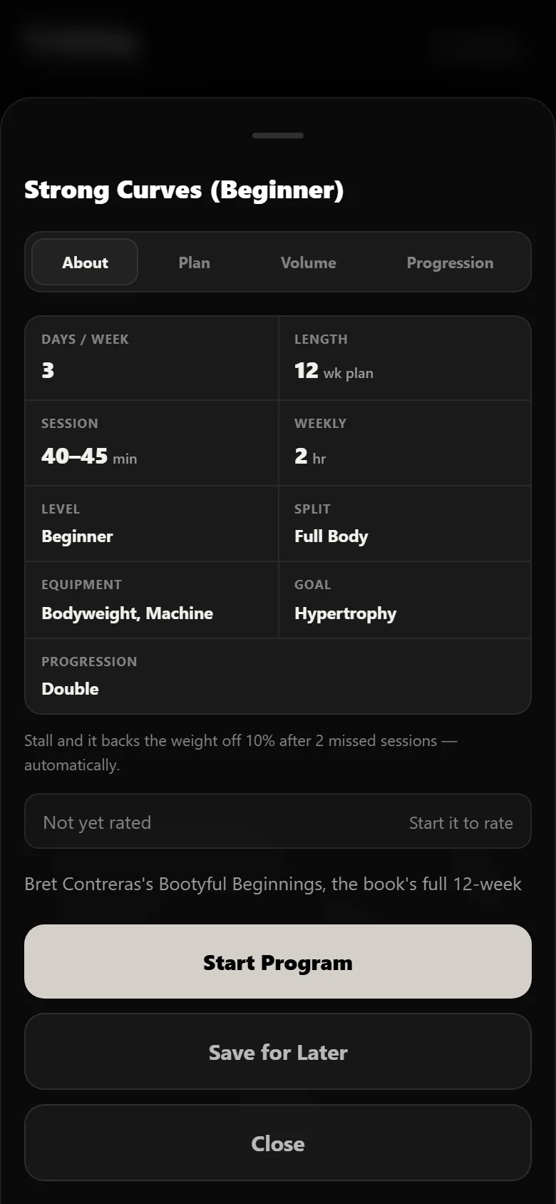 Durata program page for Strong Curves (Beginner)