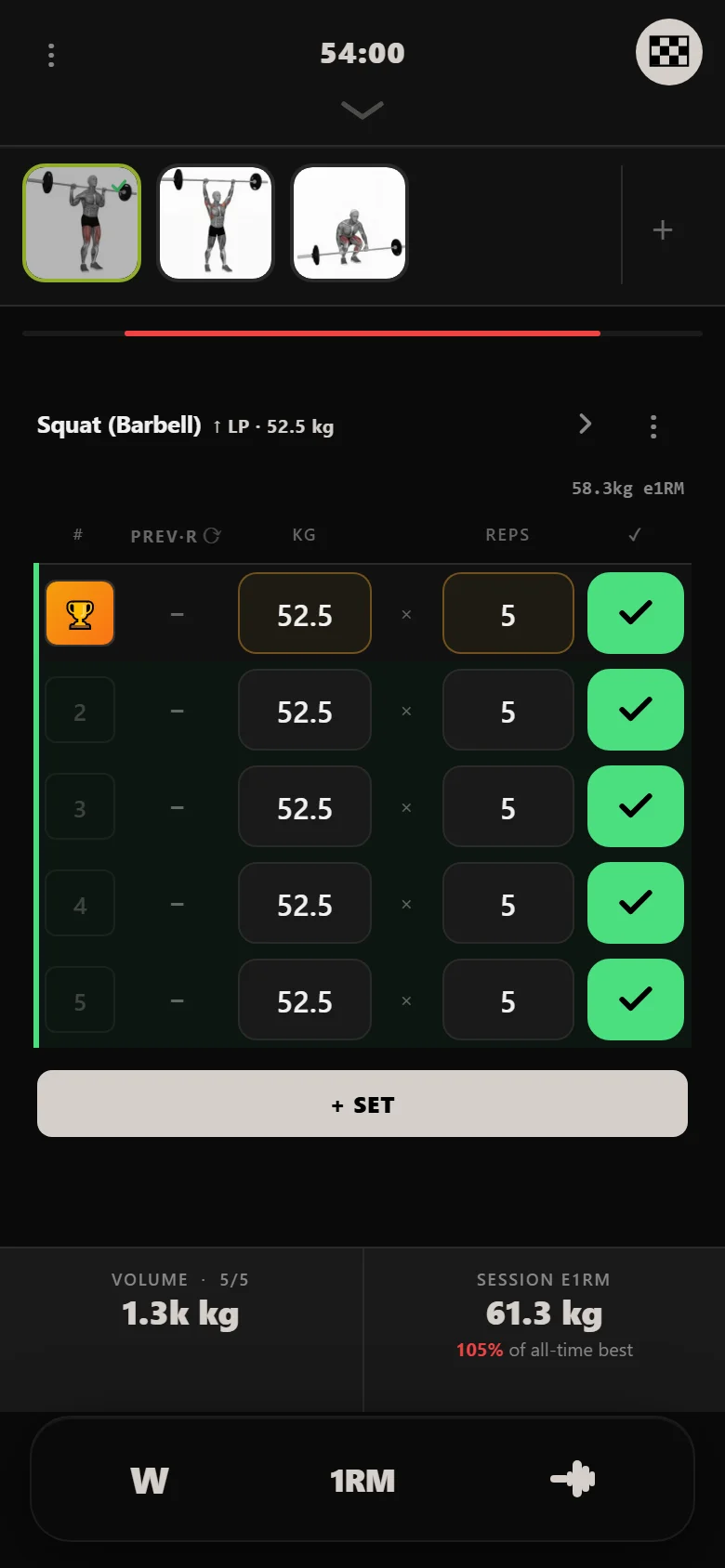 Novice 5x5 squat at 52.5 kg after six sessions