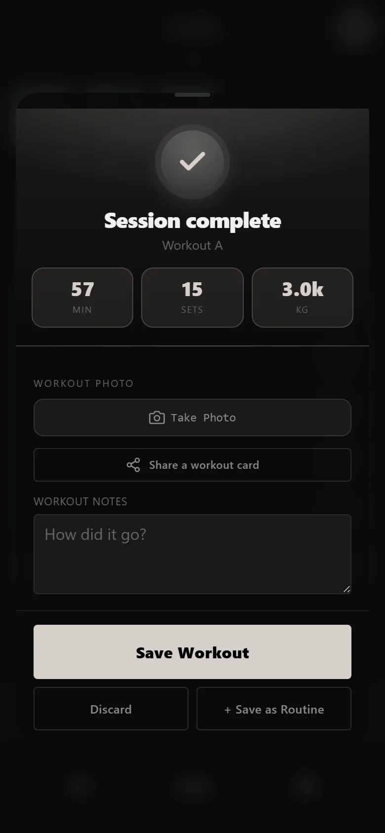 Durata session complete screen for a novice 5x5 workout