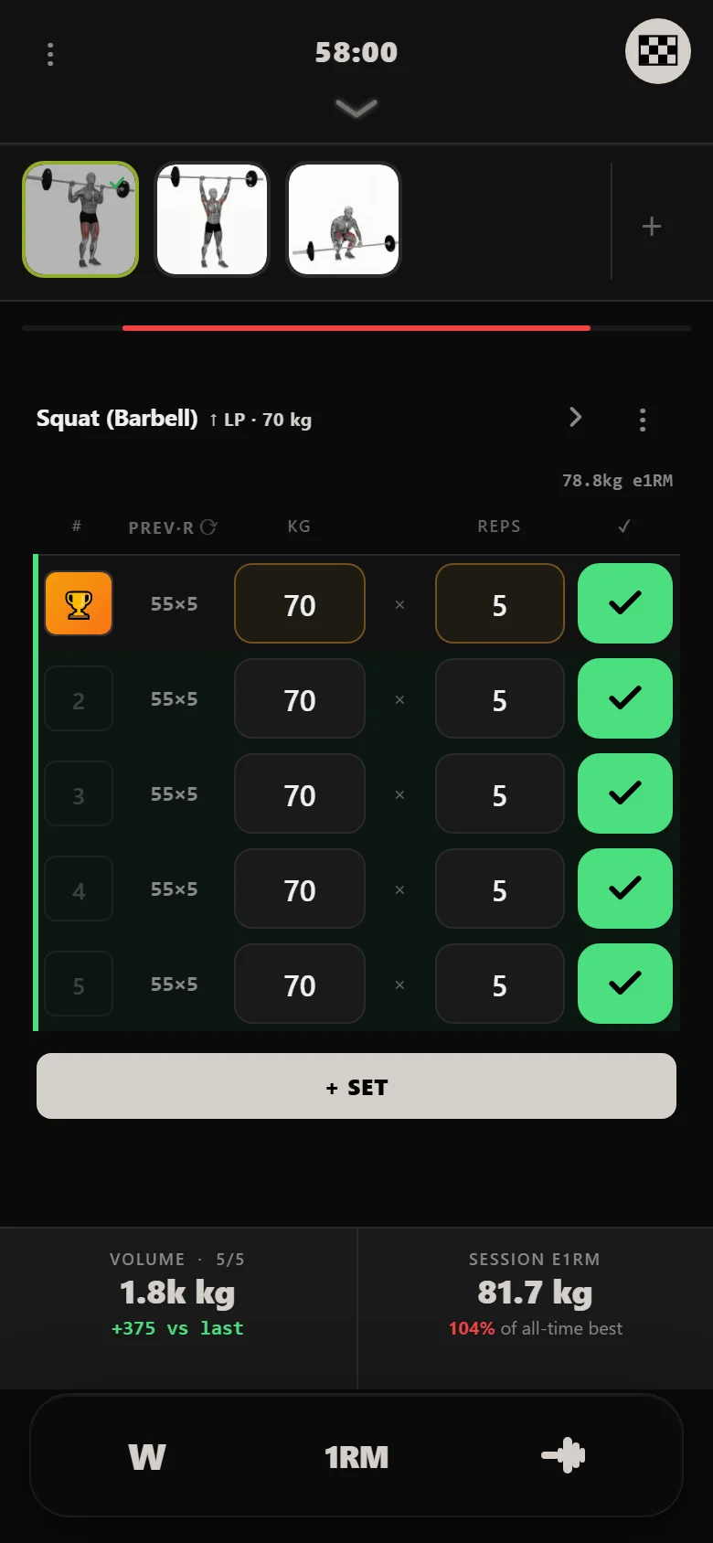 Durata logger — novice 5×5 squat, session eighteen, 70 kg on 5×5
