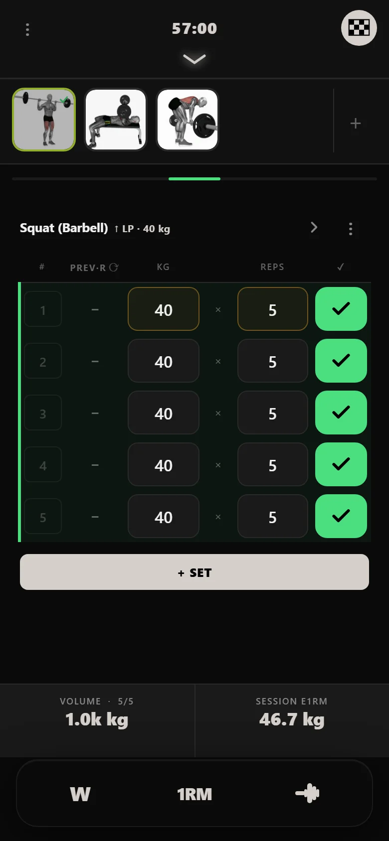 Durata logger — novice 5×5 squat, session one, 40 kg on 5×5