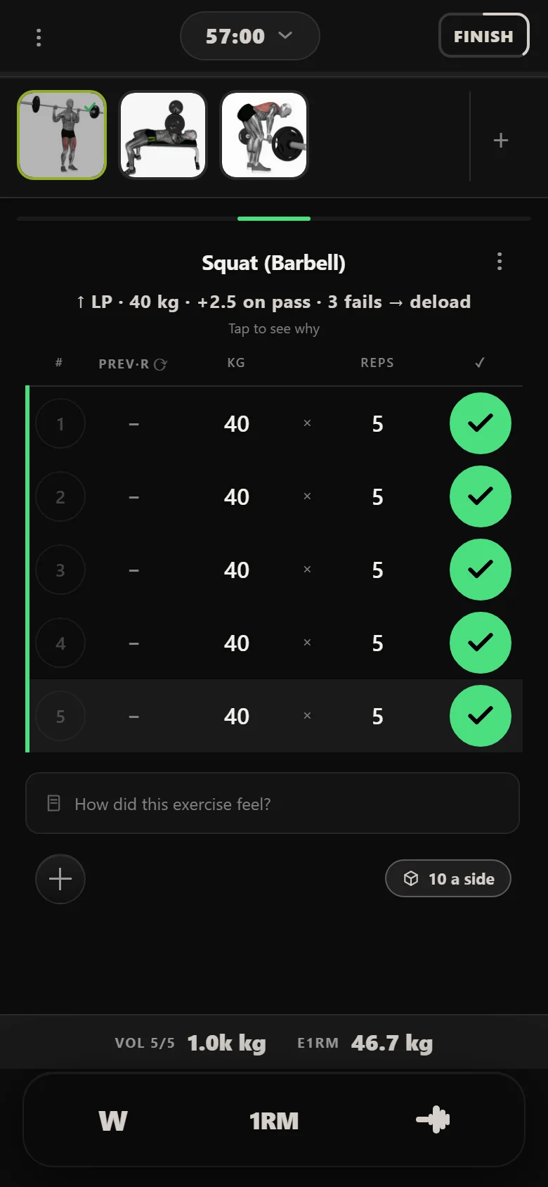 Durata logger: novice 5×5 squat, session one, 40 kg on 5×5