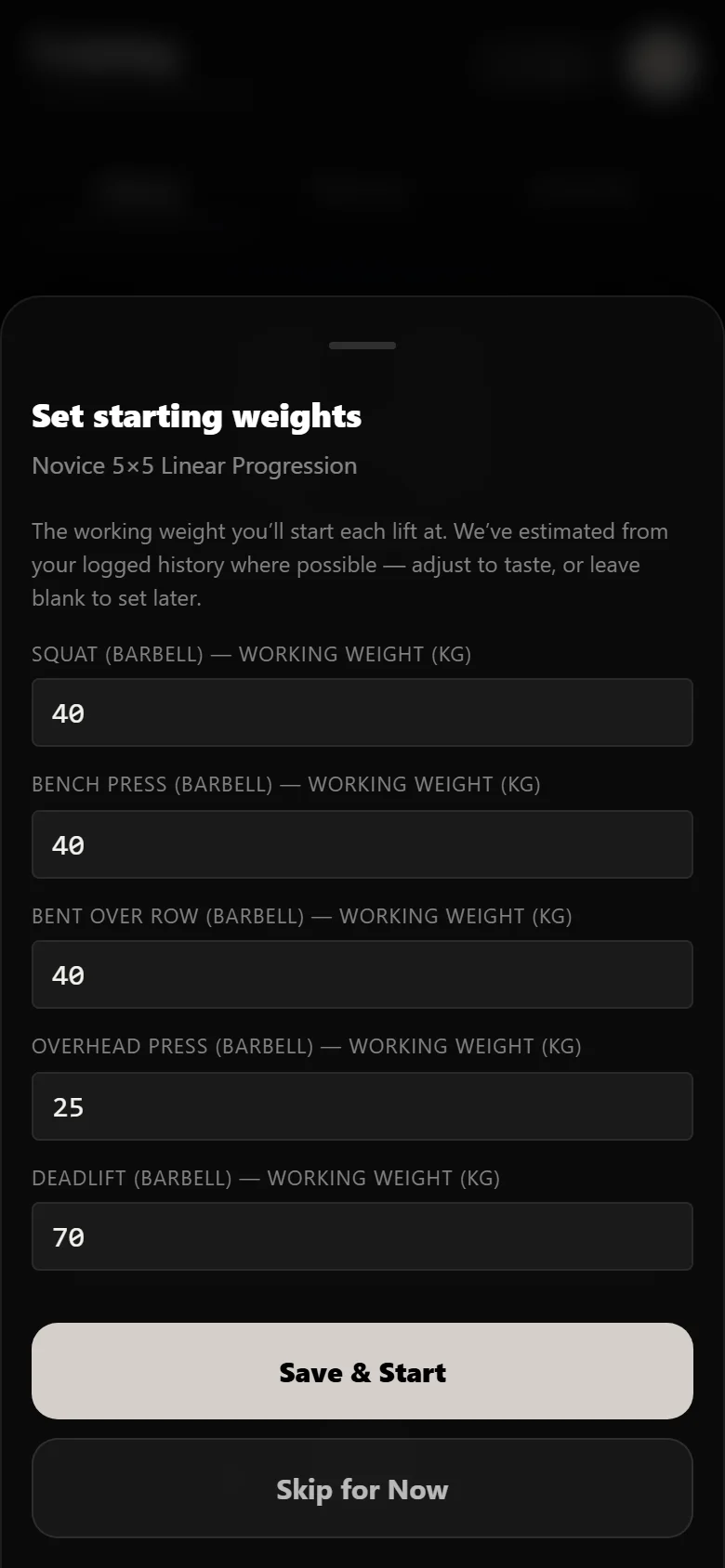 Setting starting working weights for a novice 5x5 in Durata, squat at 40 kg