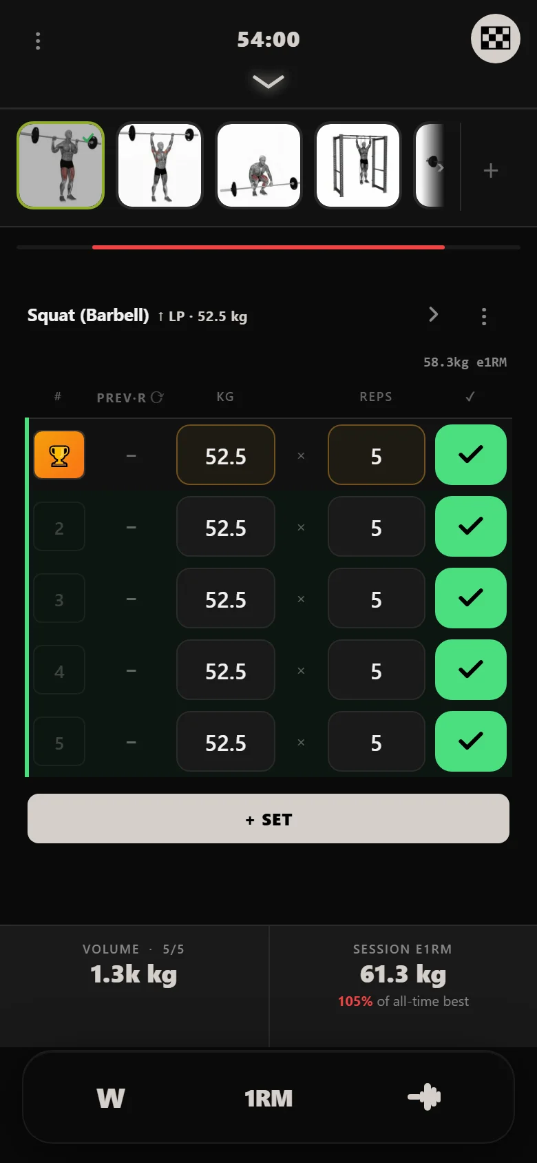 5x5 squat at 52.5 kg after six sessions of linear progression in Durata