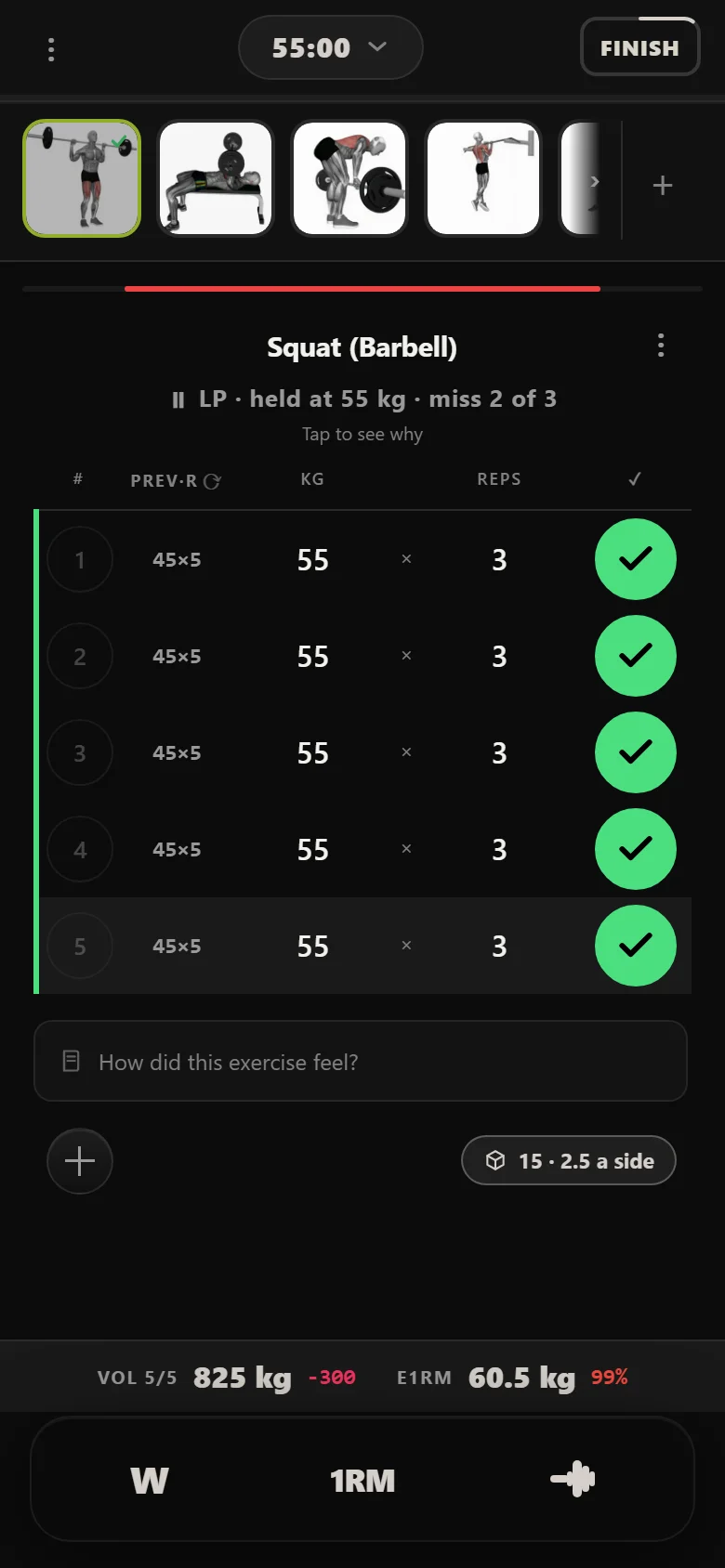A missed 5x5 squat session in Durata: 55 kg for 3 reps on all five sets, volume 0 vs last