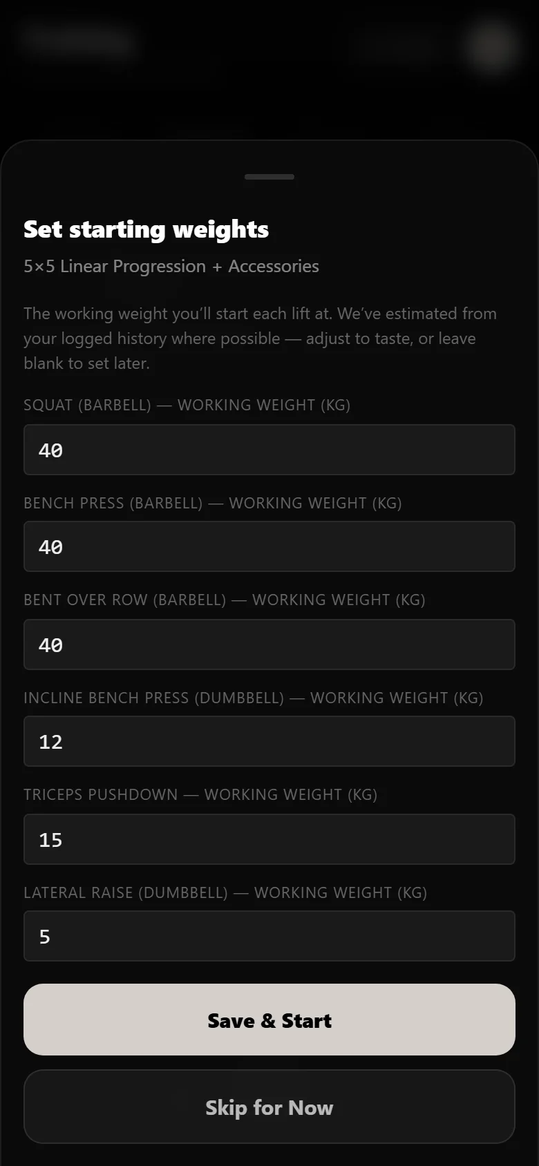 Setting starting working weights when beginning a 5x5 program in Durata, squat at 40 kg