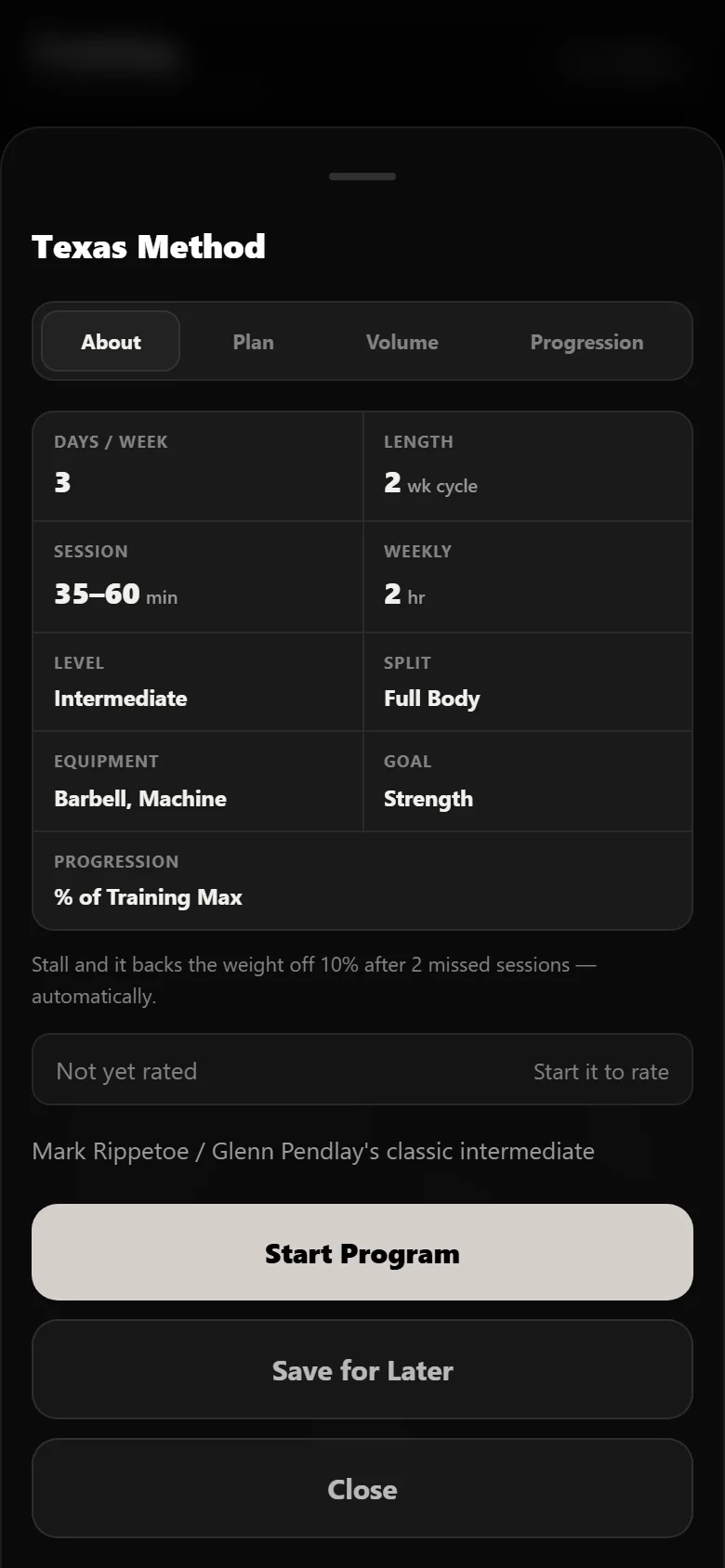 Durata program page for Texas Method showing the schedule and progression rule