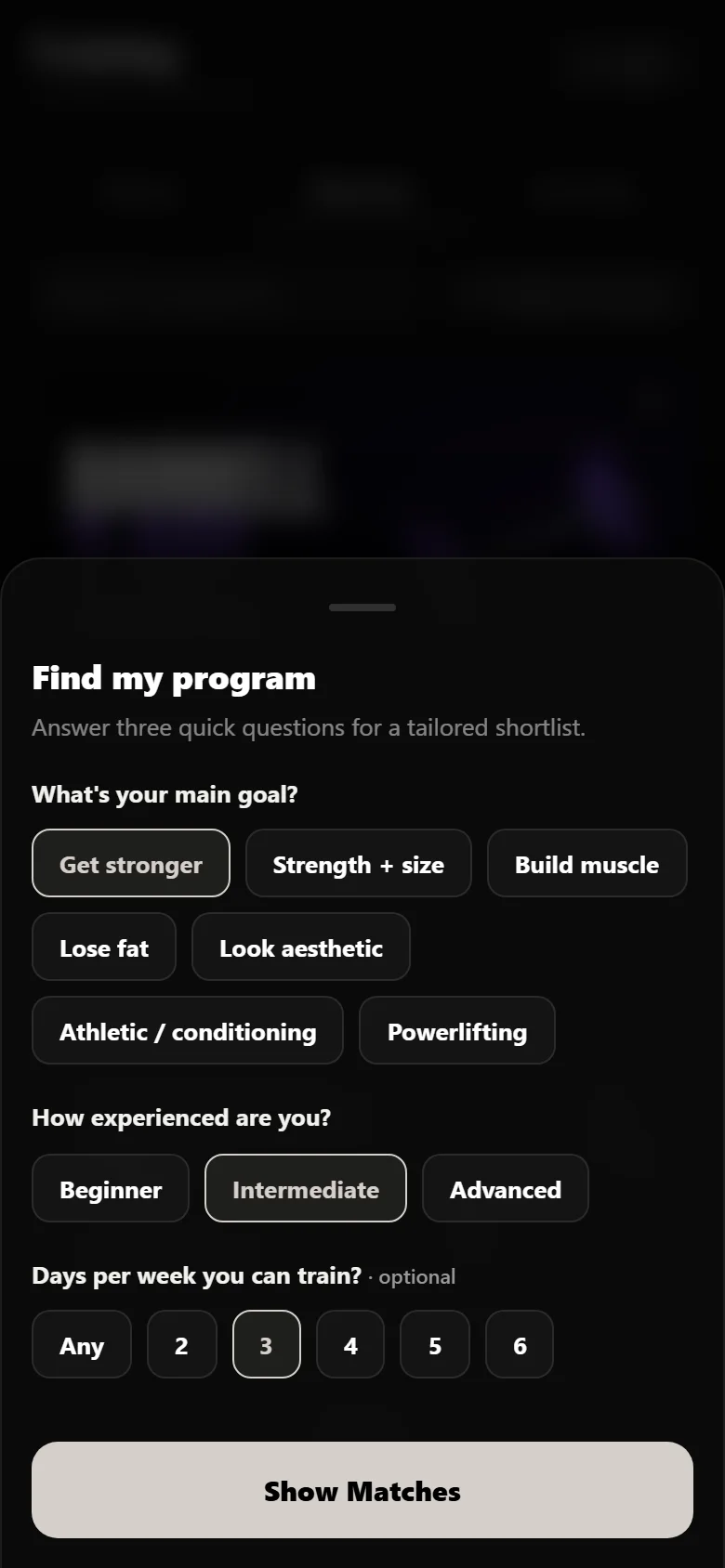 Durata program finder with goal, experience and days answered