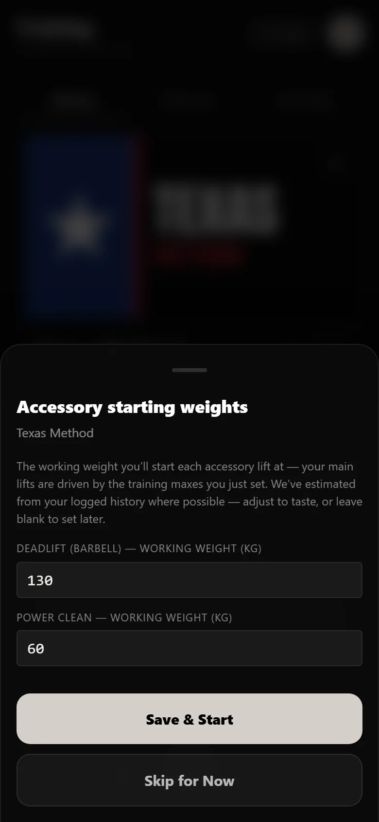 Durata starting-weights sheet with the deadlift at 130 kg