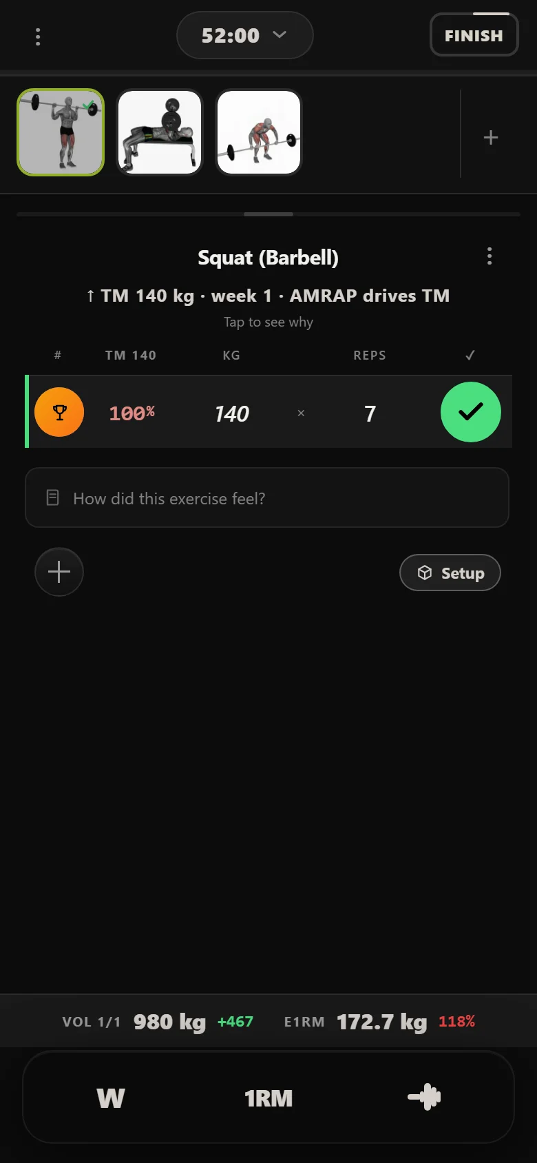 Durata logger: Squat (Barbell) intensity-day rep-out at 140 kg