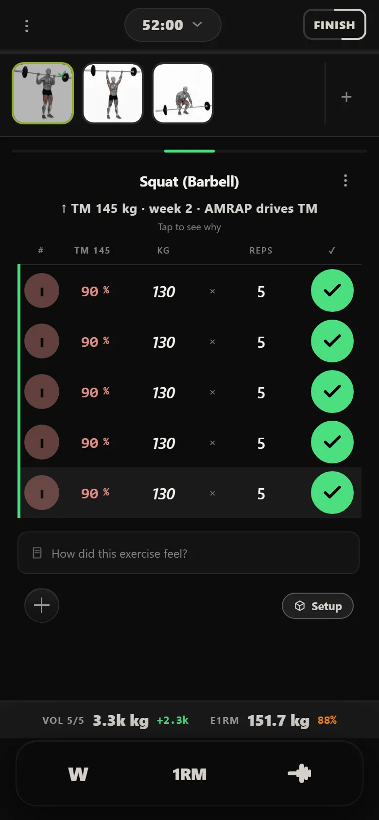 Durata logger: Squat (Barbell) volume day now at 130 kg