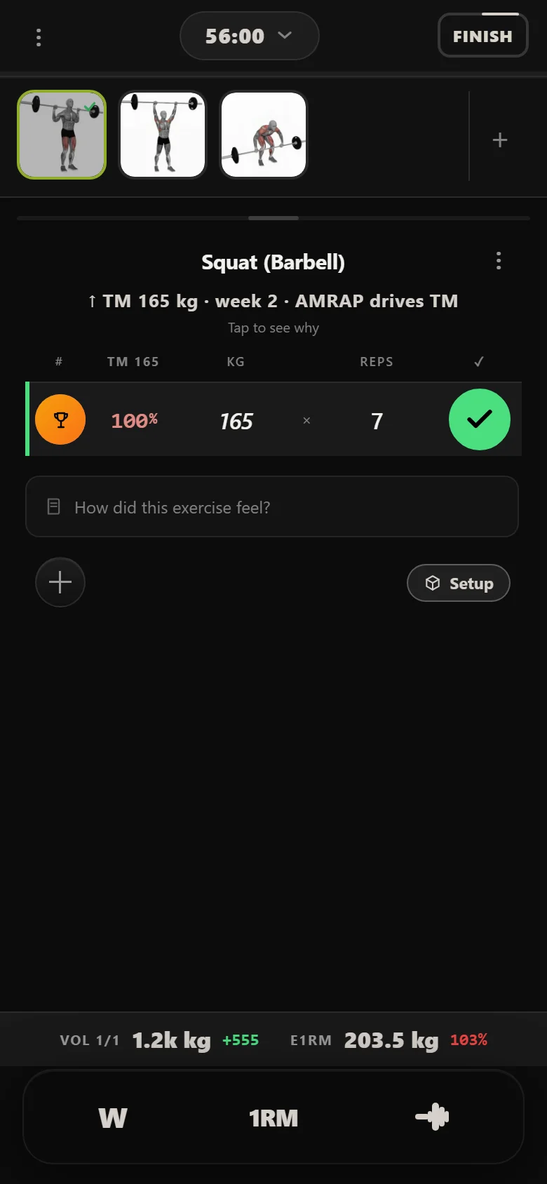 Durata logger: Squat (Barbell) intensity-day set at 165 kg in week six