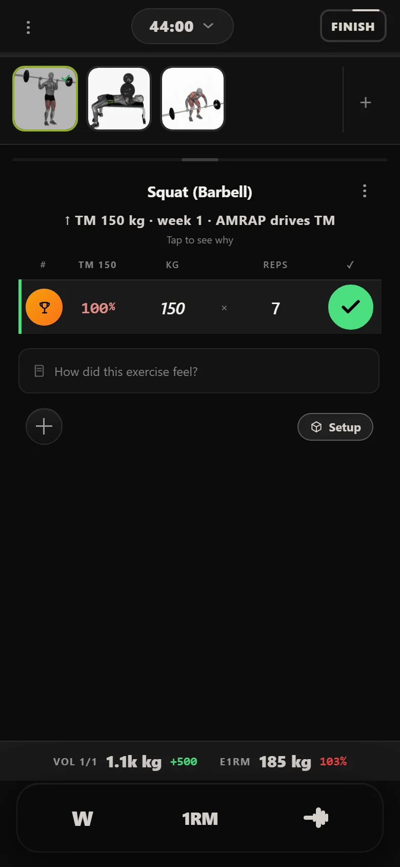 Durata logger: Squat (Barbell) intensity-day set at 150 kg
