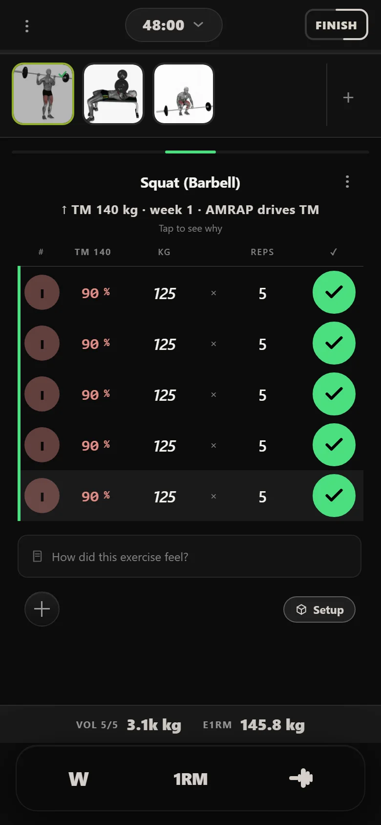 Durata logger: Squat (Barbell) volume day at 125 kg