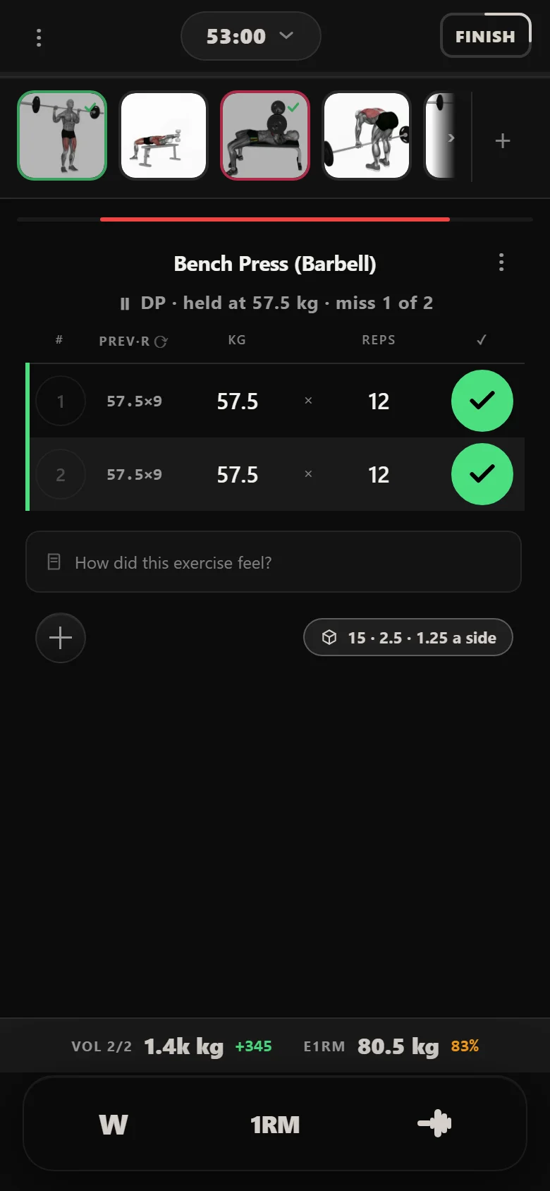 Double progression on supporting lifts in Durata showing a 10 to 12 rep range
