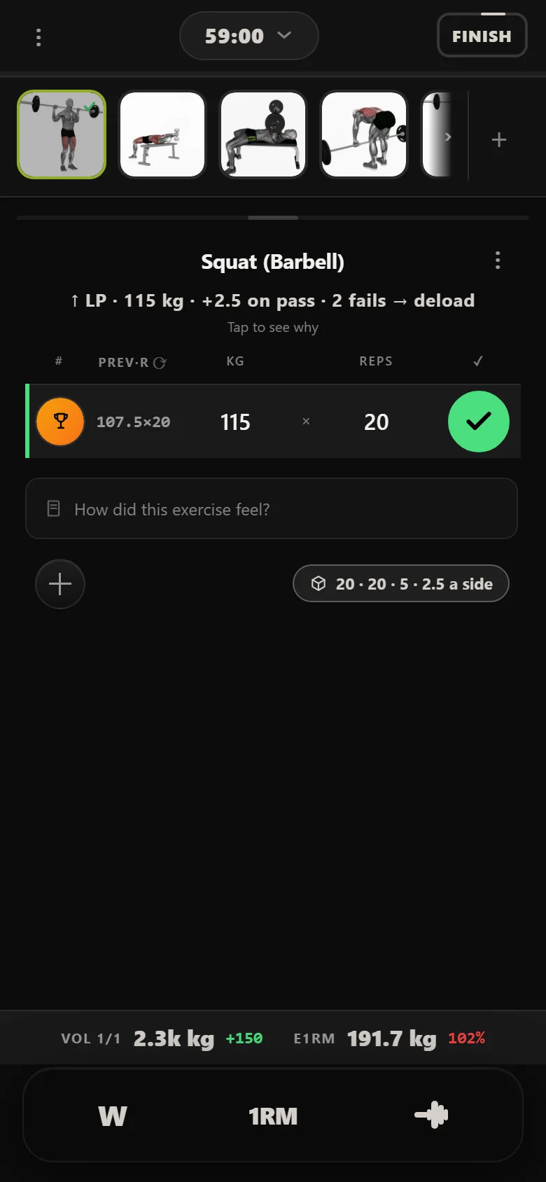 The 20-rep squat climbing in 2.5 kg steps in Durata, at 115 kg