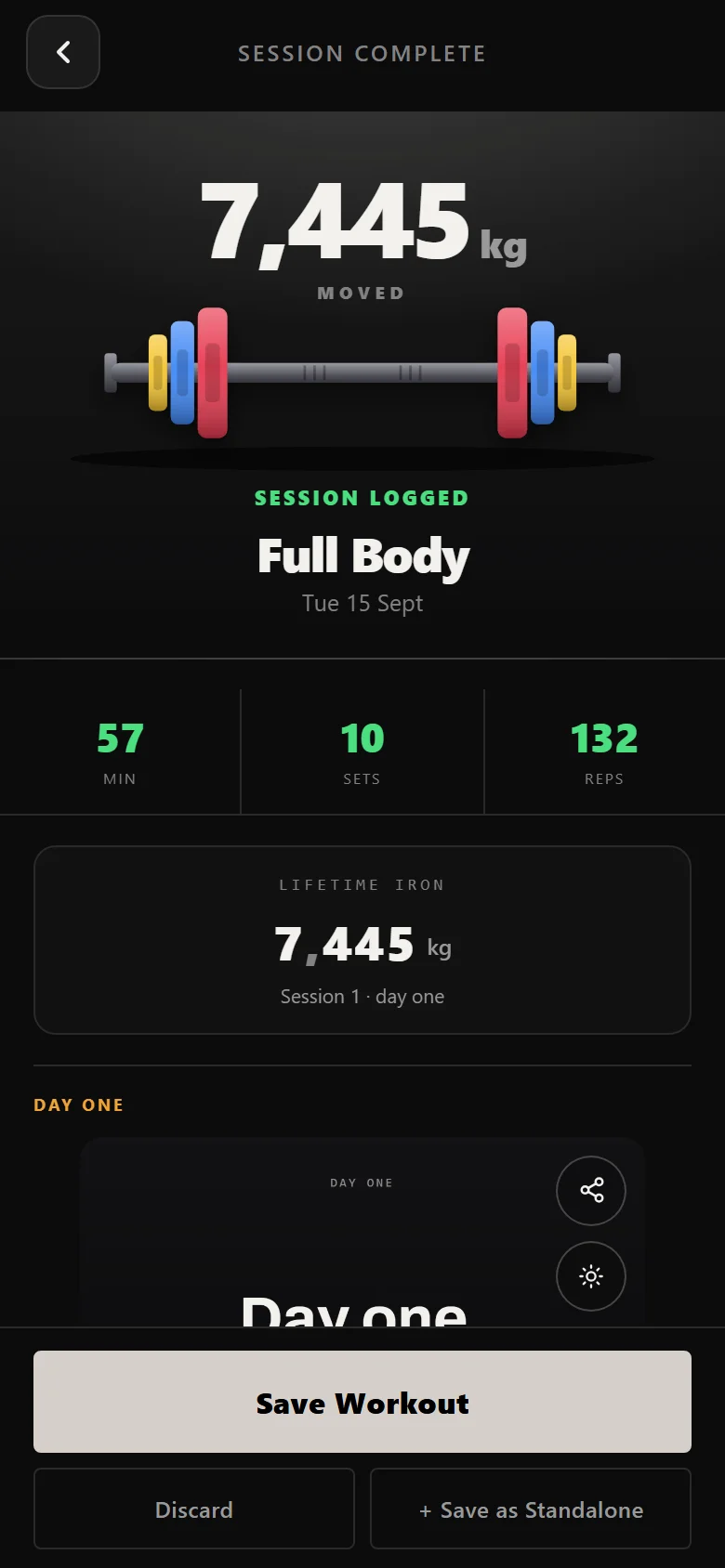 Durata session complete screen for a 20-rep squat workout