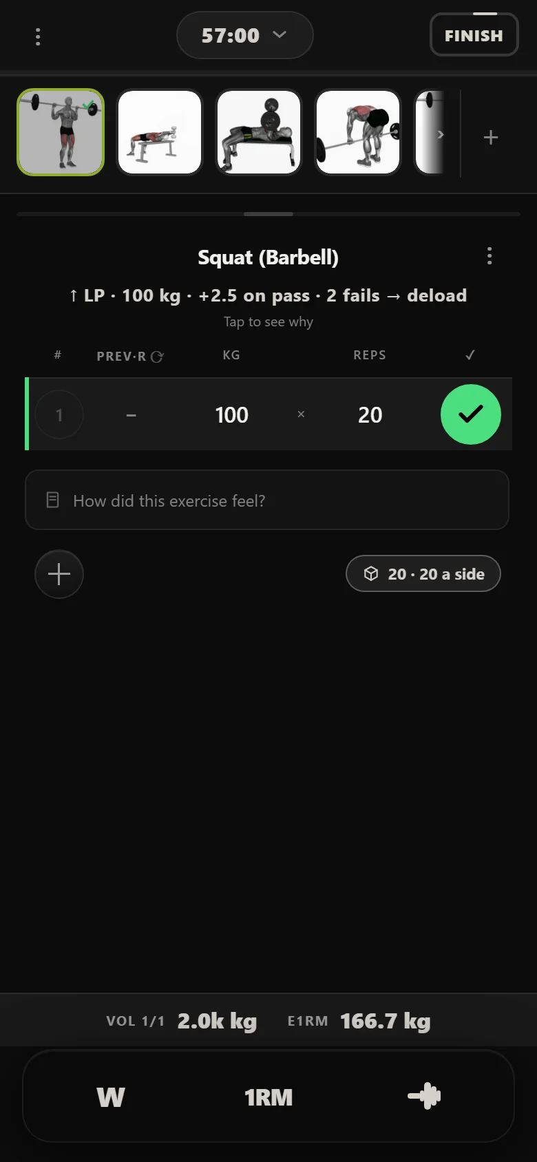 A 20-rep squat session in Durata at 100 kg
