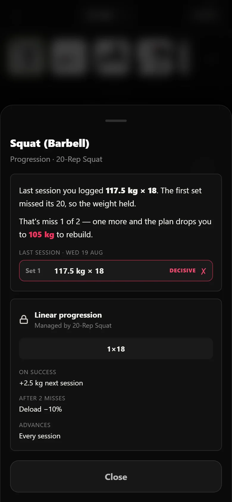 Durata explaining why the 20-rep squat weight was held, showing miss 1 of 2