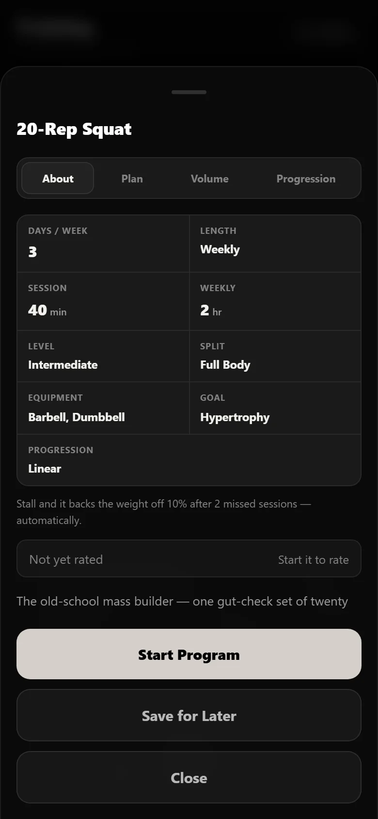 The 20-Rep Squat program page in Durata