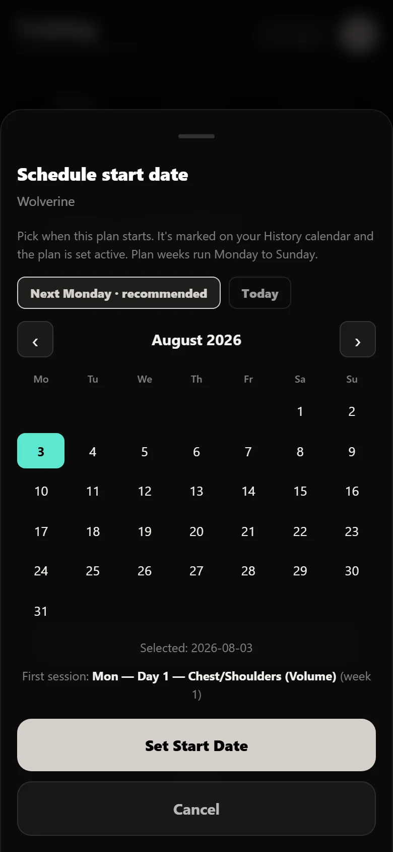 Choosing a start date for Wolverine in Durata