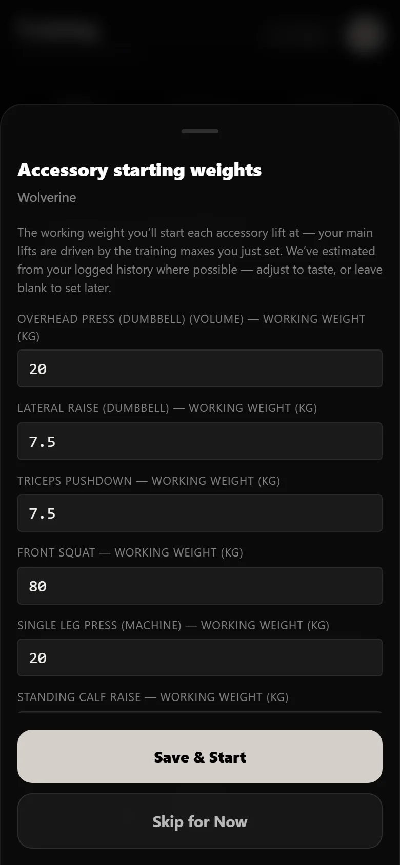 Setting accessory working weights for Wolverine in Durata