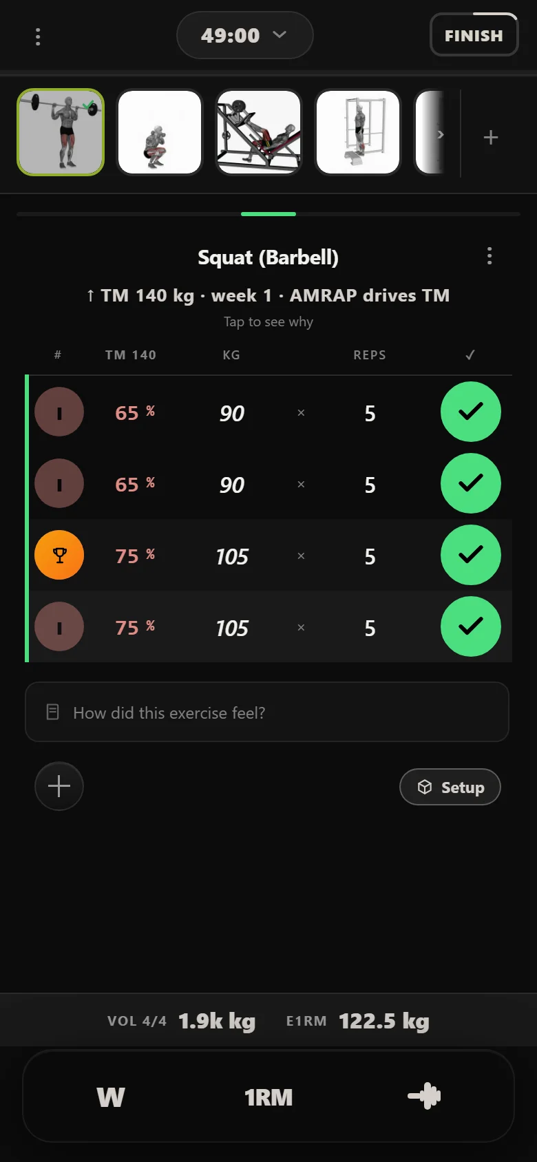 Durata logger showing the squat at 105 kg in week one, under a 140 kg training max