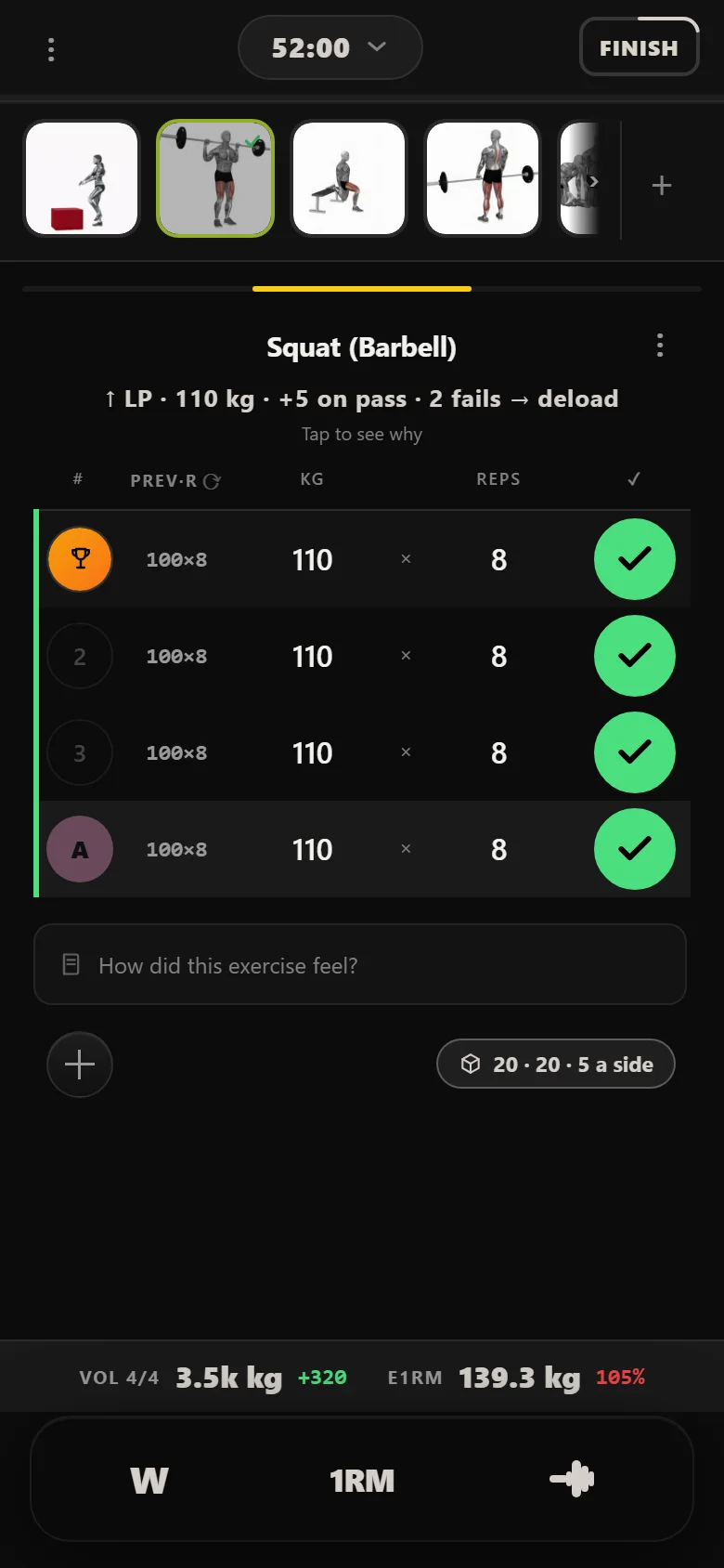 WS4SB 3 back squat in Durata at 110 kg with the previous 100 kg alongside