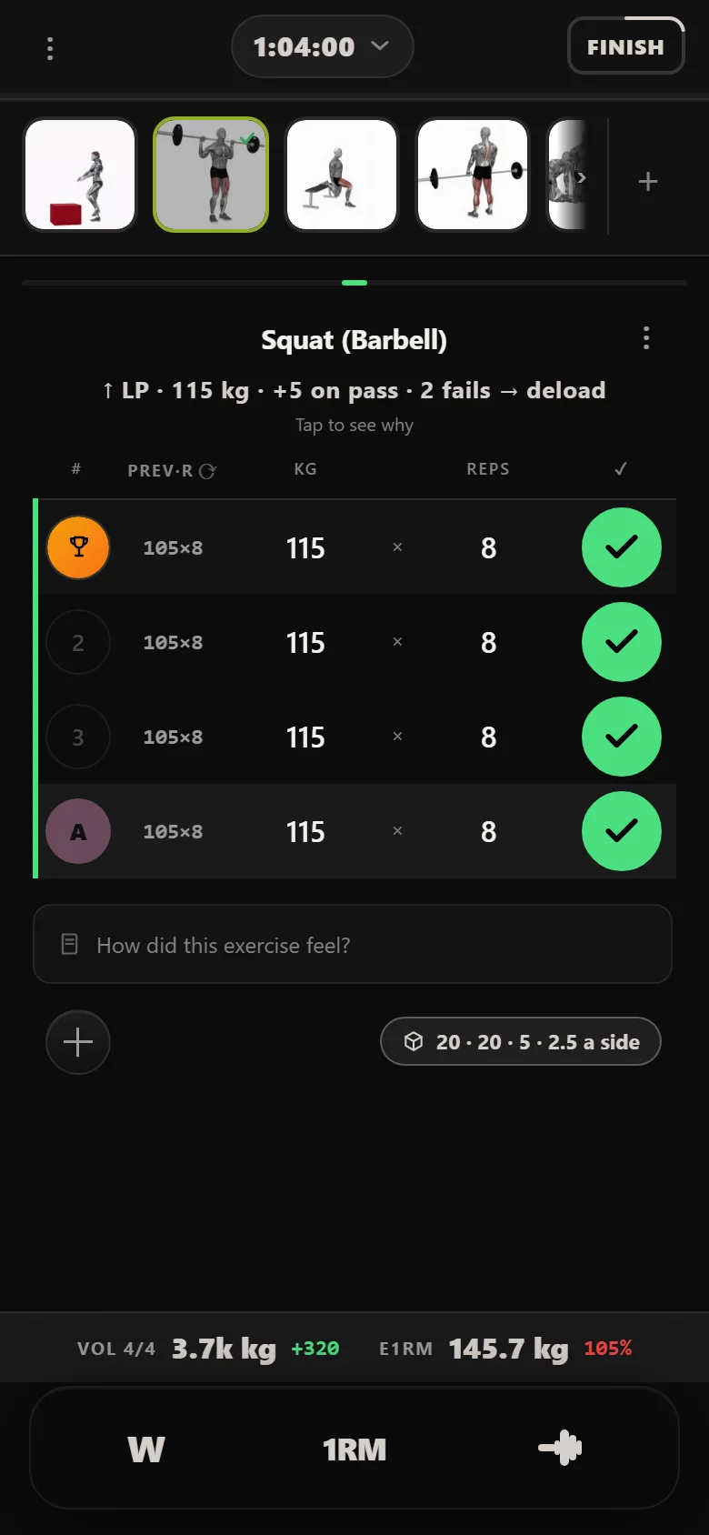 WS4SB 3 back squat at 115 kg on its fourth appearance