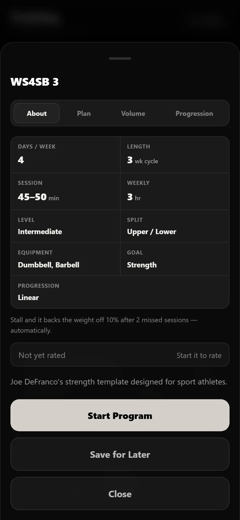 The WS4SB 3 program page in Durata showing the four-day week