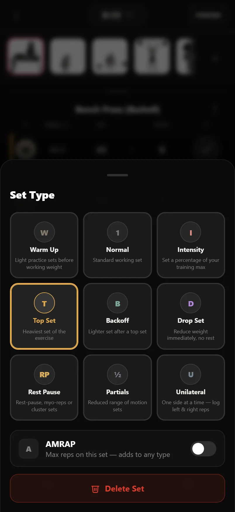 The set-type picker in the Durata logger, opened by tapping a set's number badge