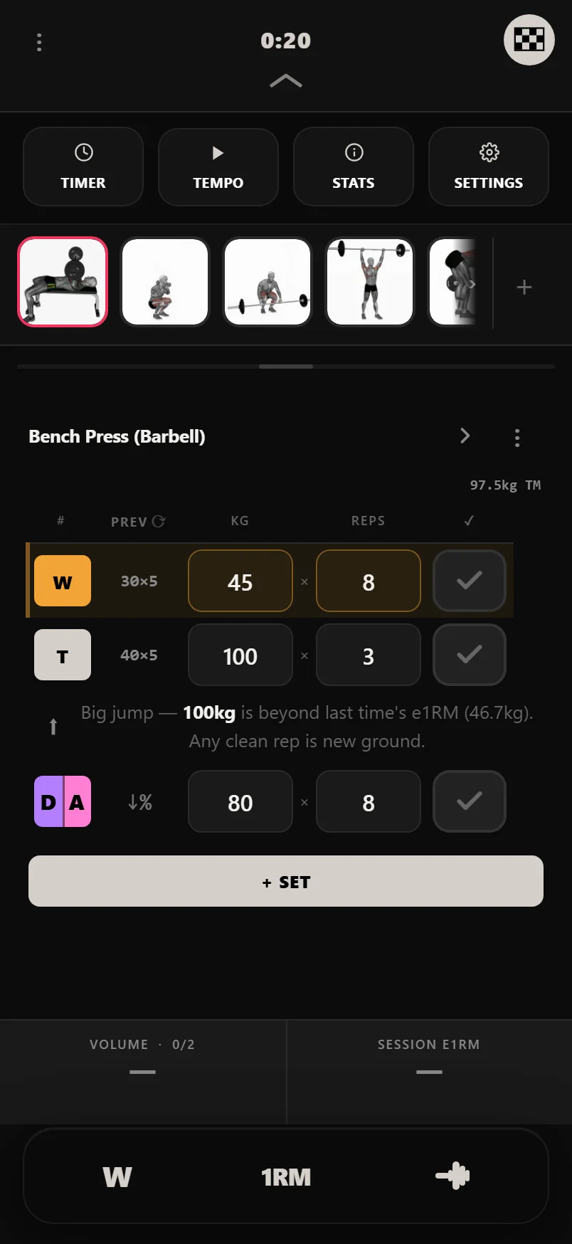 The logger tool tray pulled down over a live workout, showing Timer, Tempo, Session Stats and Settings buttons
