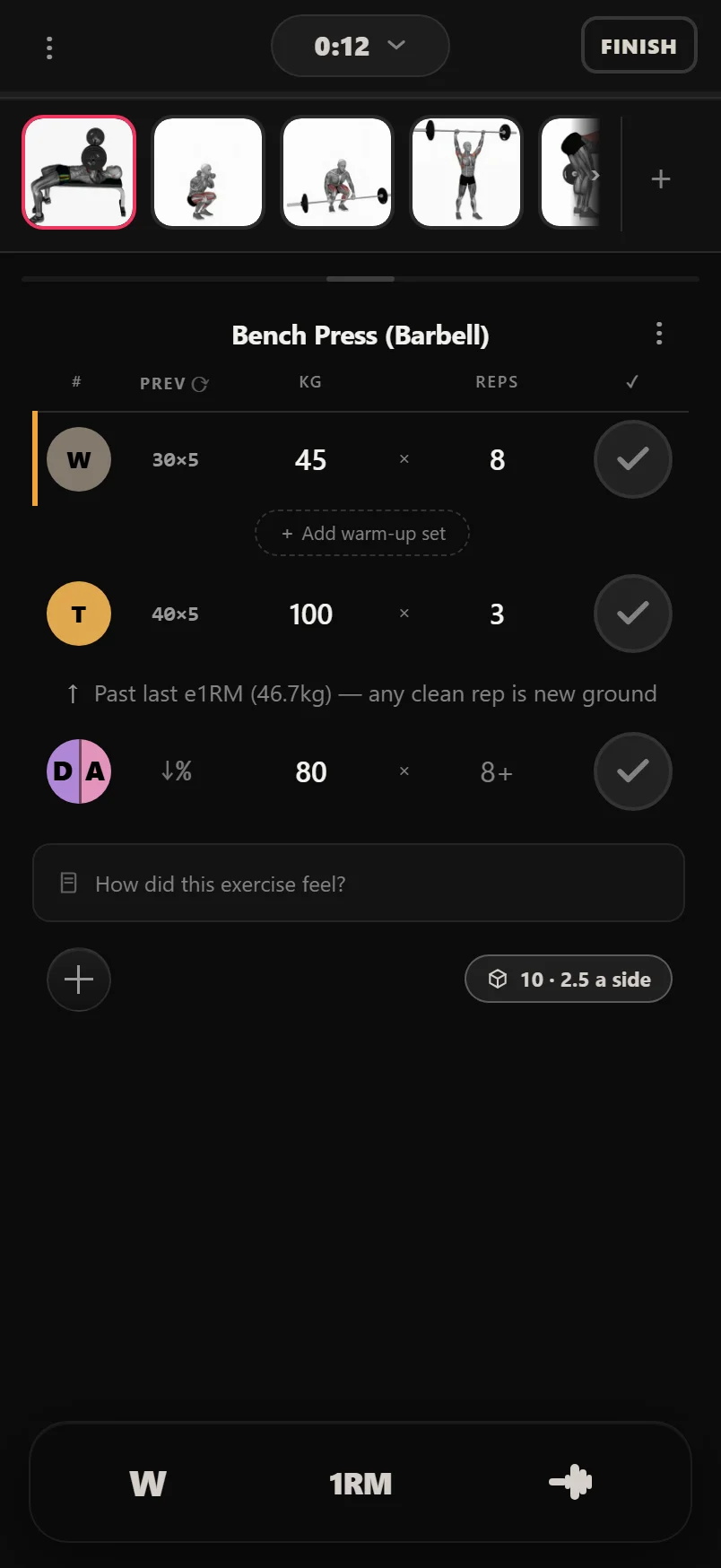 Durata live workout screen showing the exercise carousel at the top and set rows with colour-coded set-type badges