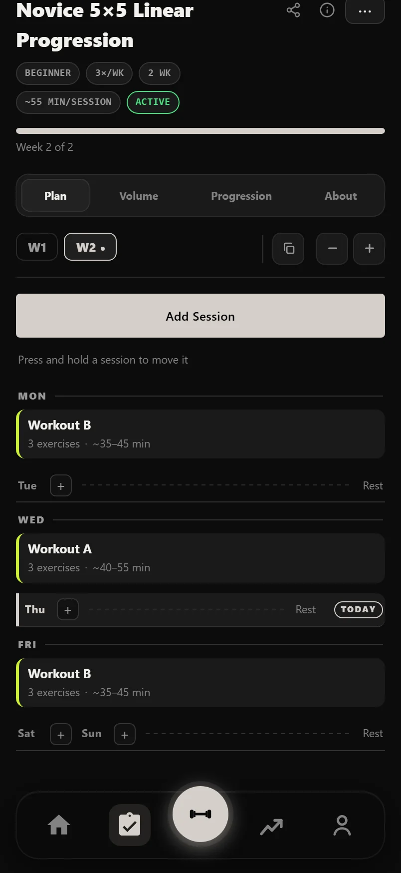 The plan screen on a phone: four segments across the top, then the week chips with copy, minus and plus beside them, an Add Session button, and the week's days below with sessions on them