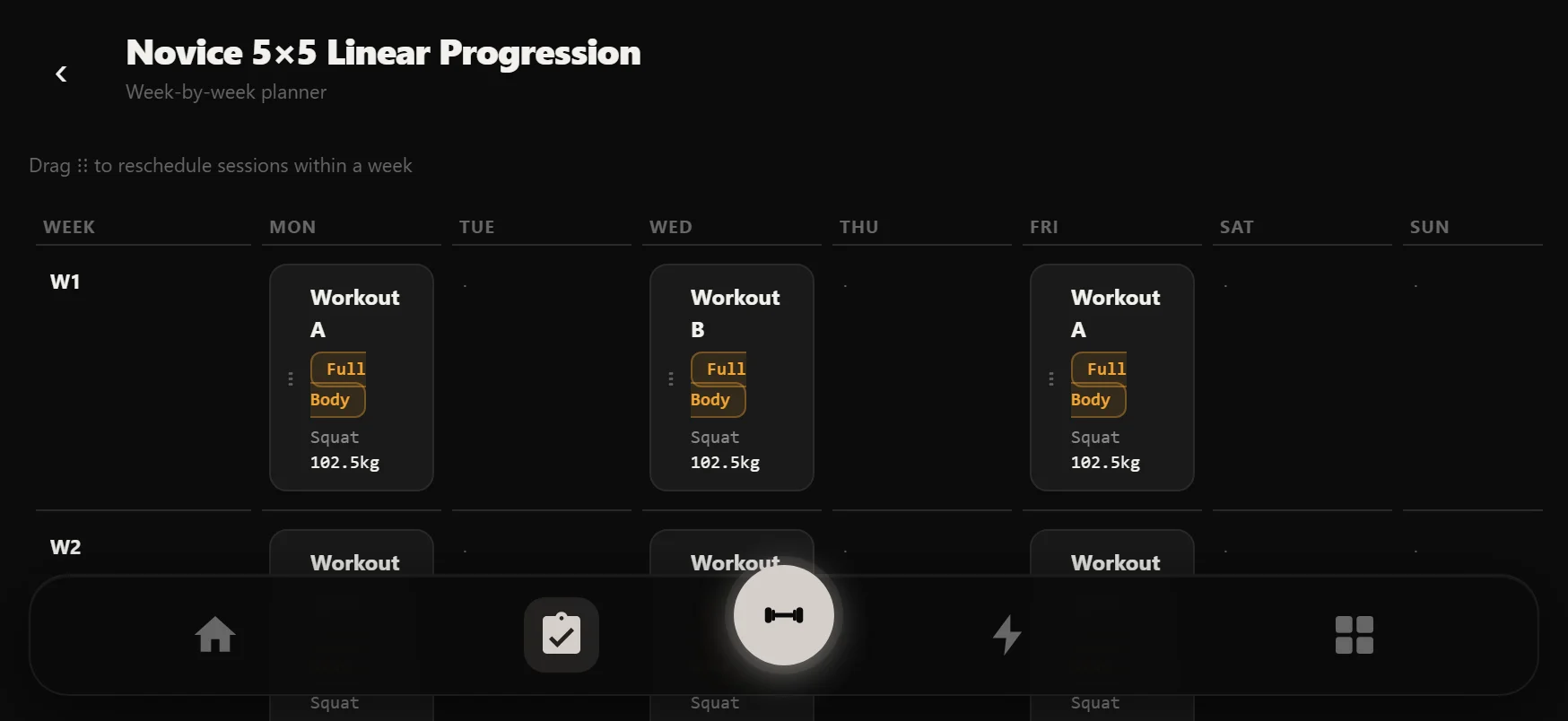 The week planner in landscape: days of the week as columns and program weeks as rows