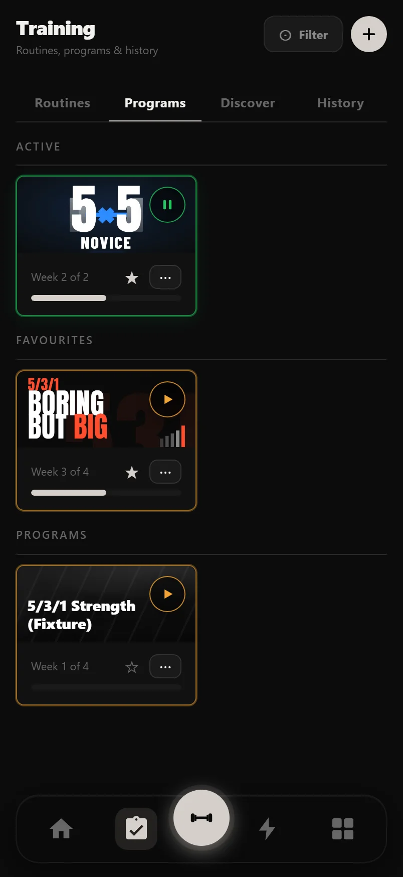 The Training hub's Programs tab showing an active program card with its start control and favourite star