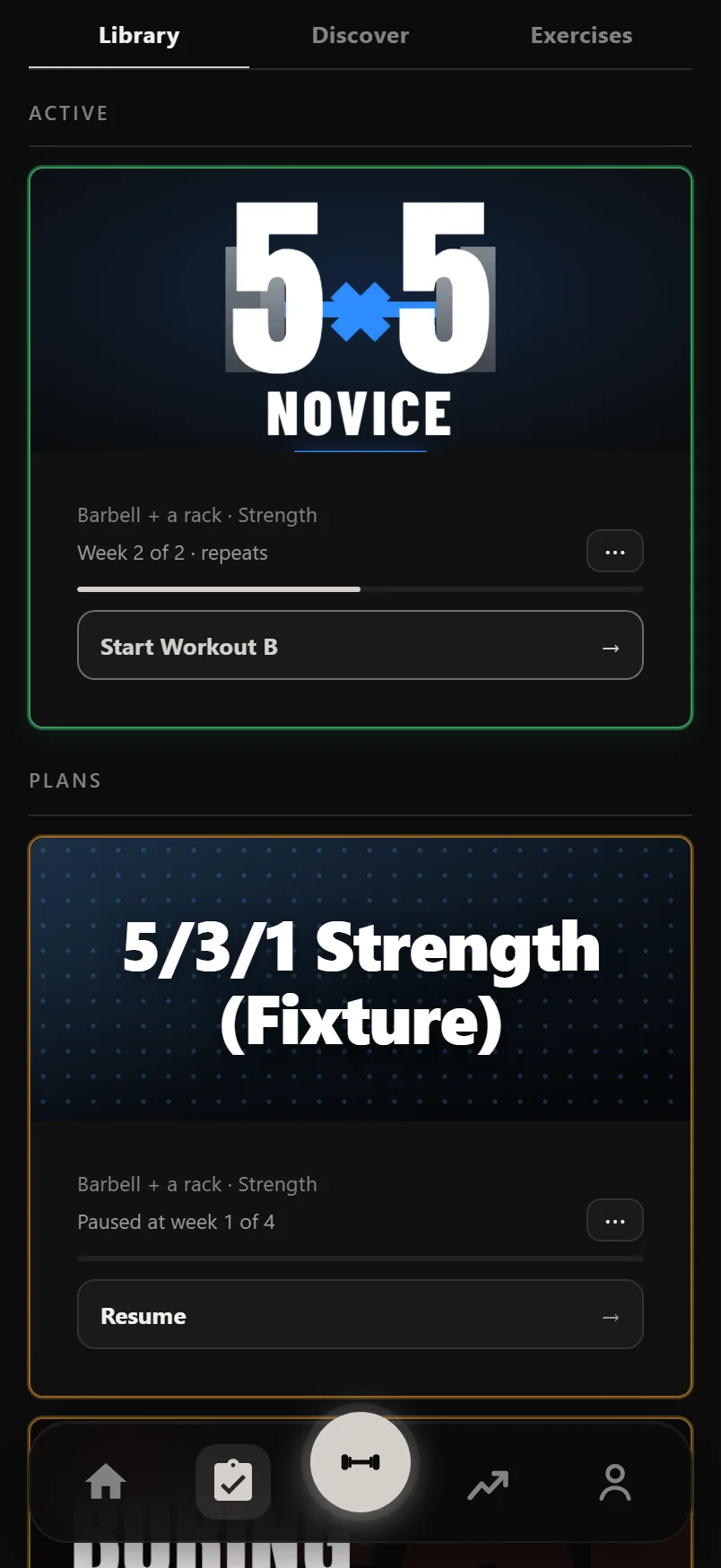 The Training hub's Library tab showing an active plan card with its Start control above a list of standalone sessions