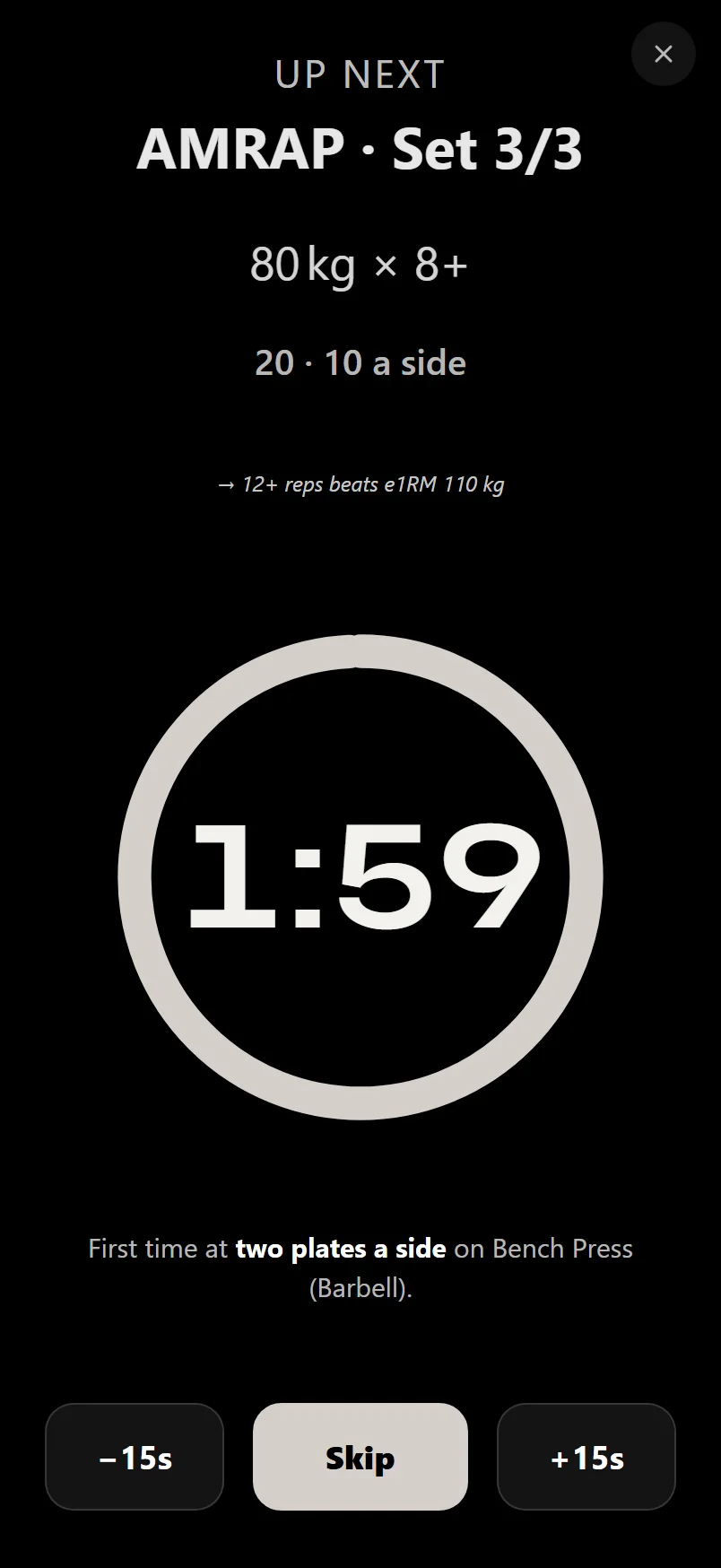 Durata full-screen rest timer showing the countdown, plus and minus 15 second buttons and a preview of the next set
