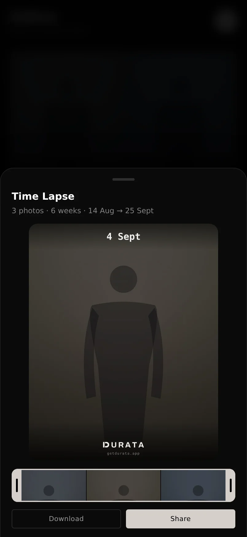 The Durata time-lapse composer showing a filmstrip trimmer and a portrait preview of the video
