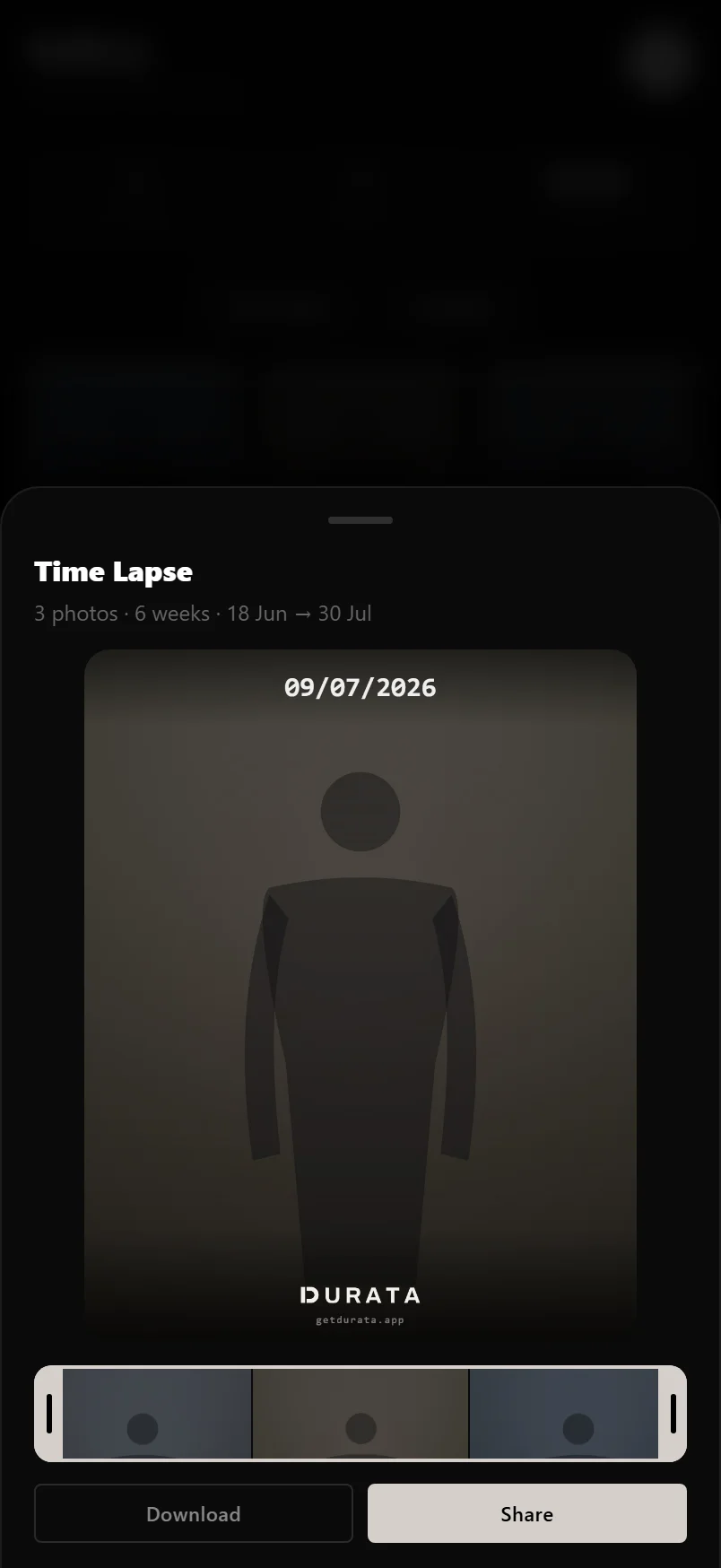 The Durata time-lapse composer showing a filmstrip trimmer and a portrait preview of the video