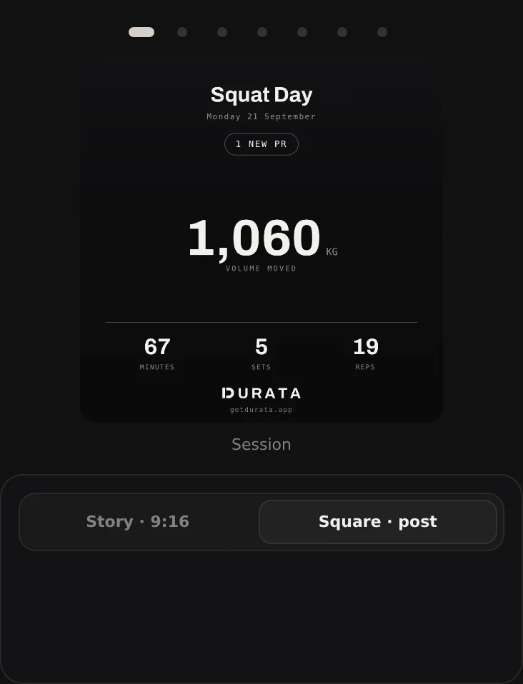 The Durata share sheet after a workout showing a stack of card styles to choose from