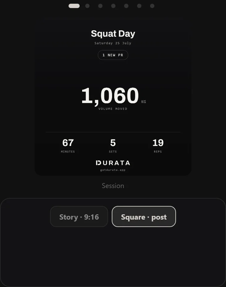 The Durata share sheet after a workout showing a stack of card styles to choose from