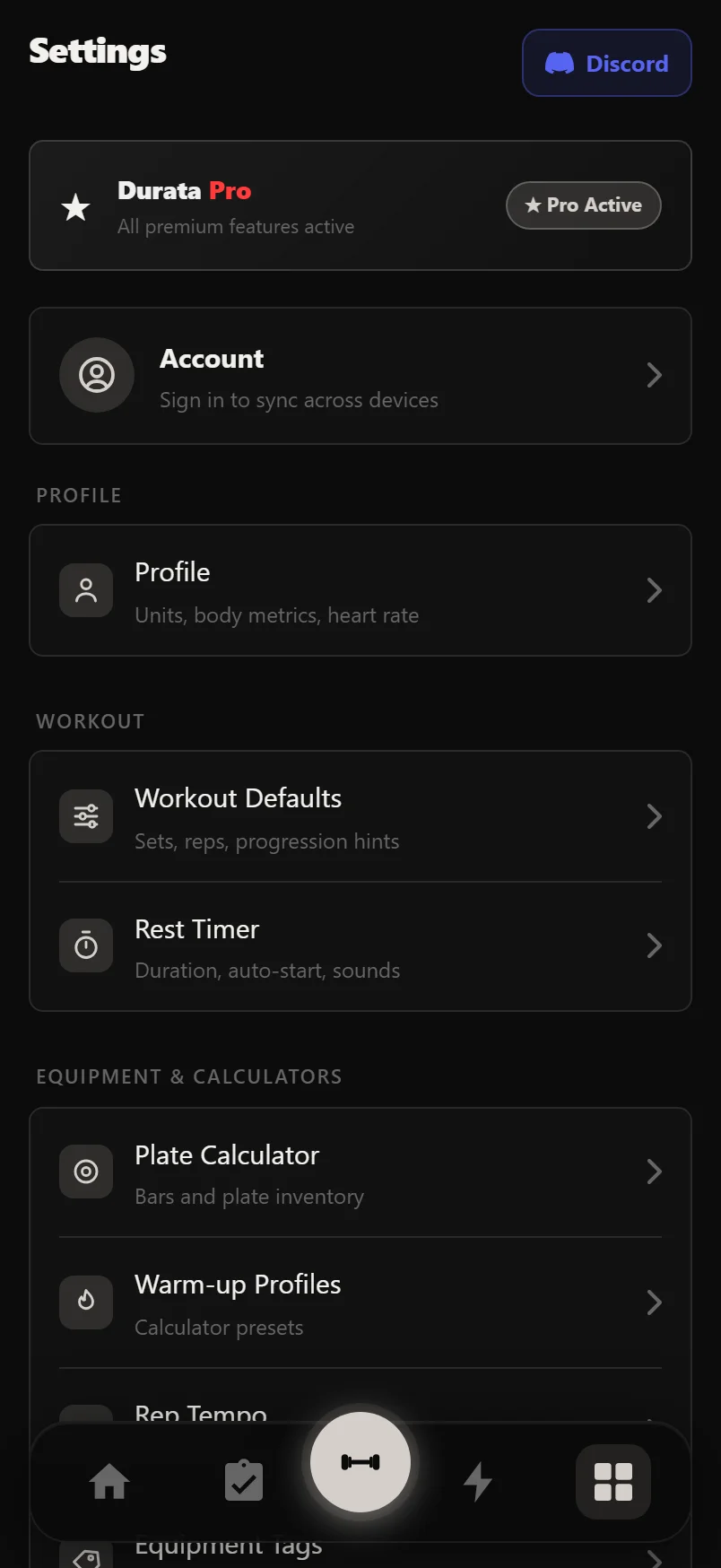 Durata Settings panel showing the account card and grouped menu screens for Profile, Workout and Equipment