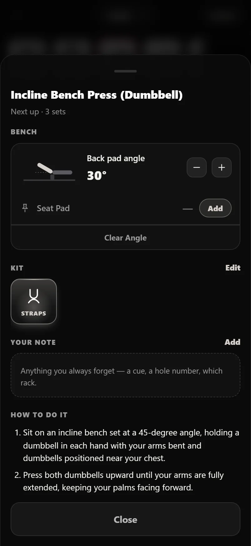 The Bench card in the Set Up sheet, drawing a bench at 30 degrees with plus and minus buttons and a seat pad notch row beneath